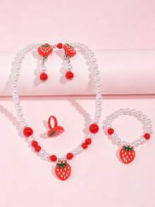 5pcs/Set Children's Sweet & Cute Strawberry Jewelry Set, Includes Necklace, Bracelet, Ring And Earrings, Suitable For Holiday Parties, Daily Wear - Multicolor - View 2