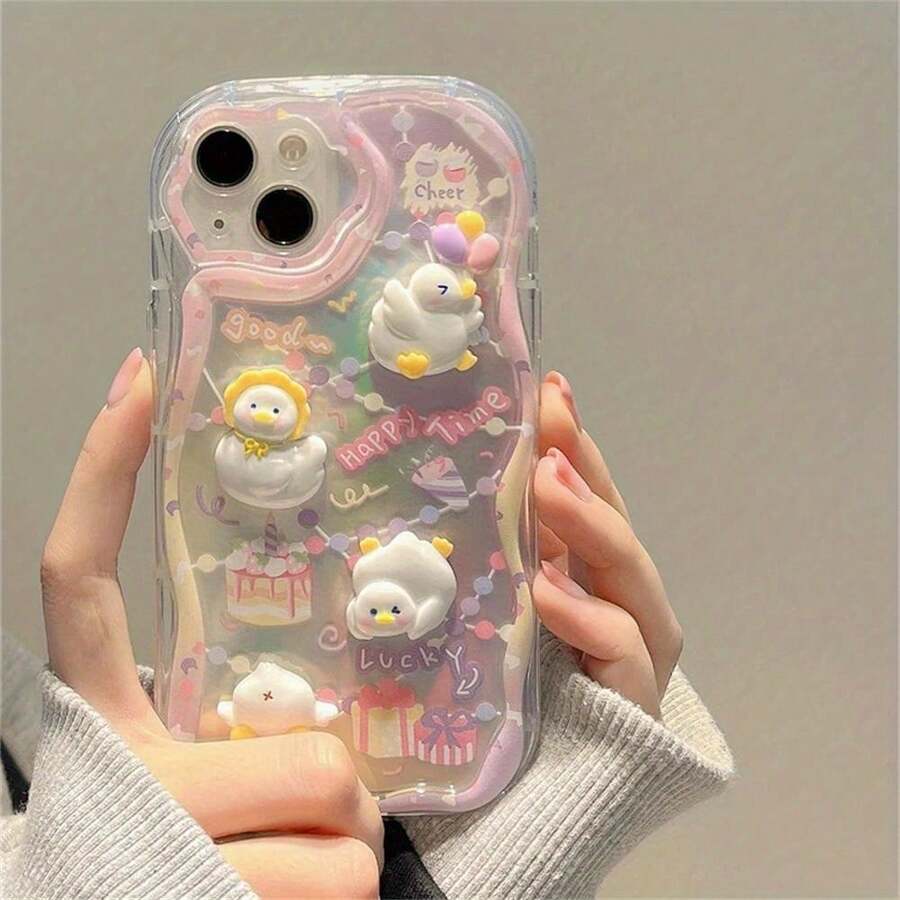 1pc Transparent Gradient Pink Wave Soft Shell 3D Yellow Hat White Duck Cake Gift Ribbon Pattern Full Coverage Anti-Scratch Phone Case Compatible With 17/17 Pro/17 Pro Max, 16/15, 15 Pro Max, 13/14/11/12/14 Pro Max, XS/XR/X/8/7/8 Plus/7 Plus, Galaxy S22/23/24/S25/S26/A04/A36/A06/A07/A17/A15/A16/A24/A25/A34, Note 7/8/9/10/11/12/13/14, 13C/14C/A5, Honor X, HW, C53 C55, Spring Birthday Gift, Anniversary Gift - Transparent - View 1