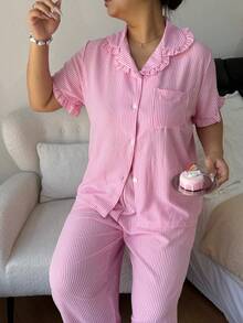 Women's Cute & Stylish Printed Soft Plus Size Pajama Set, Short Sleeve Button Collar Short Top & Long Pants, Soft Skin-Friendly Loungewear, Loose Slimming Fit, Machine Washable & Easy Care, Minimalist Versatile Style For Home & Casual Wear, Suitable For Daily Outings - Multicolor - View 5
