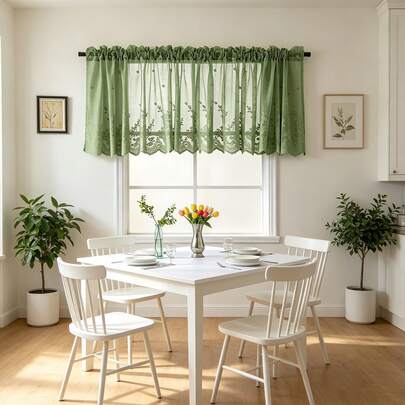 1PC New Lightweight Lace Embroidered Floral Sheer Curtain, Multi-Purpose Translucent Decorative Curtain For Kitchen And Other Spaces, Rod Pocket Design, Finished Short Cafe Curtain, Coffee Color