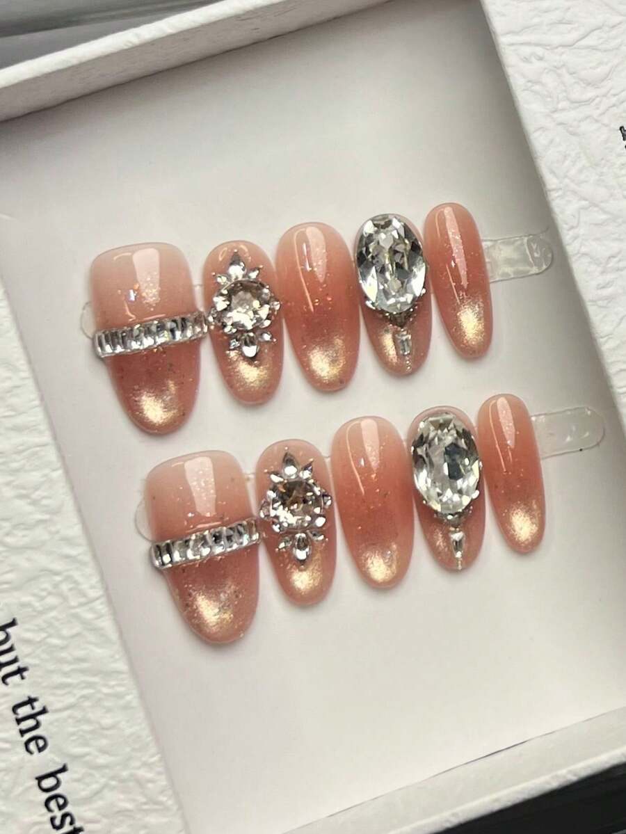 10pcs Handmade Oval Acrylic Press-On Nails, Medium-Short Length, Pink ...