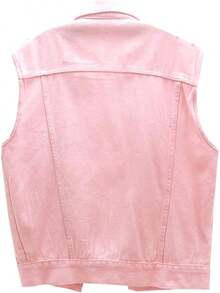 Womens Casual Beading Pearls Pink Sleeveless Denim Vest Jean Jacket Coat - Pink - View 2