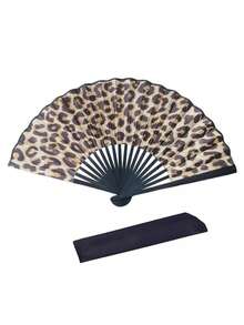 Foldable Bamboo Handle Hand Fan, Fabric Fan Surface, Leopard Print Pattern, Suitable For Party, Wedding, Wall Decor, Gift - Folding Fan - View 3