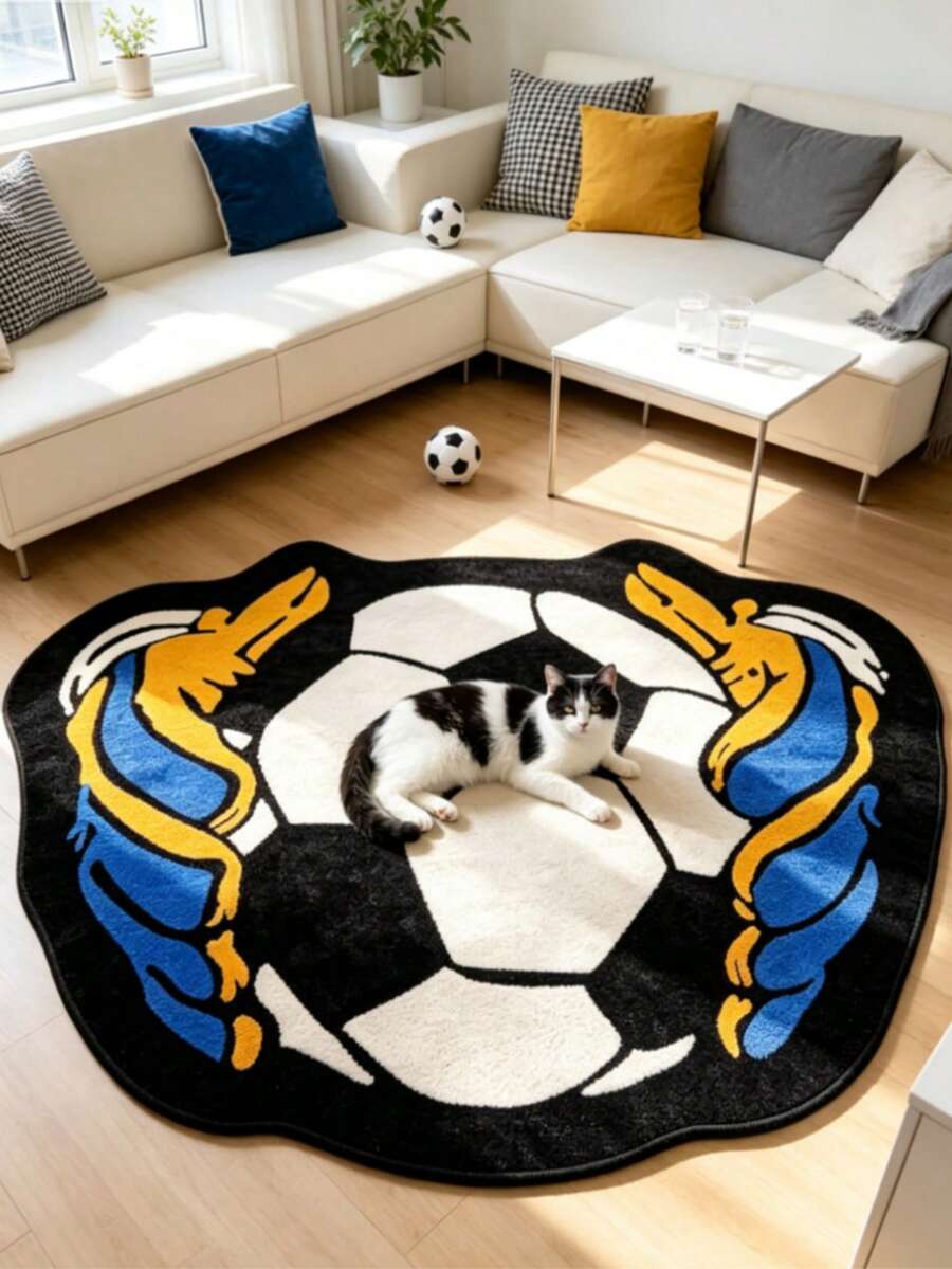 1pc Black And White Round Soccer Ball Decorative Rug, Bedroom Decor, Small Rug, Carpet, Home Decor, Living Room Rug, Living Room Small Rug, Bedroom Rug, Living Room Home Decor, Outdoor Rug, Washable Rug - Multicolor 6 - View 1