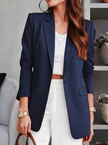 Blazer Wanita Ukuran Besar Warna Polos dengan Kerah Berlekuk, Jaket Kantor Lengan Panjang dengan Saku Kancing, Gaya Kasual Bisnis, Musim Gugur Musim Dingin Musim Semi - Navy Blue - View 2