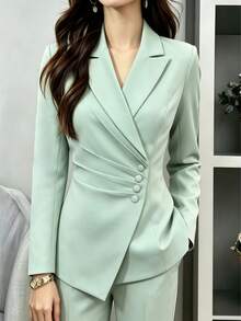 Women's Elegant Solid Color Notch Lapel Blazer, Irregular Hem Button Long Sleeve Jacket For Business, Office, Home, Daily, Spring Fall Winter - Light Green - View 5