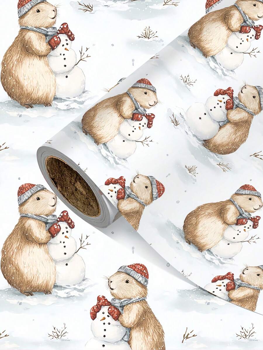 1 Roll Of Christmas Gift Wrapping Paper Featuring A Christmas Capybara And Snowman Pattern; Made Of Coated Paper; Dimensions: 43 Cm X 300 Cm; Suitable For Christmas Gift Wrapping, Party Decorations, Gift-Giving, And Christmas Crafts. - A - View 1