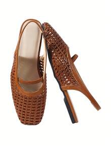 planare Sandal Wanita Model Baru Populer Musim Panas, Desain Minimalis Tenun Jaring Bernapas, Tali Belakang Model Slingback, Ujung Persegi, Tali Belakang, Warna Cokelat, Cocok untuk Perjalanan Sehari-hari - Coklat - View 6