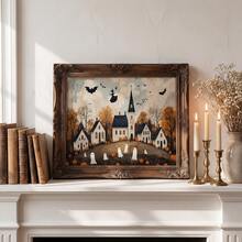 1pc Frameless Vintage Spooky Halloween City Wall Art Print, Whimsical Witch & Ghost Decor For College Dorm, Party, Bedroom, Gift - Witch - View 3