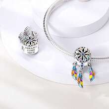 1pc S925 Sterling Silver Dreamcatcher Tassel Bead, Original Star Moon Heart Butterfly Hollow Pattern, Paired With Gradient Colorful Glazed Feathers And Colorful Zirconia, Romantic Bohemian Style, Suitable For Bracelet Necklace, Handmade DIY Jewelry Making Accessories, Symbolizing Protection Of Beautiful Dreams - Multicolor - View 2