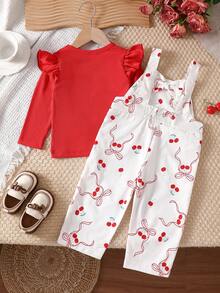 MYVLNA Conjunto de mono con estampado de cerezas para niñas, top acanalado con mangas con volantes, conjunto de 2 piezas - Rojo y blanco - Ver 3