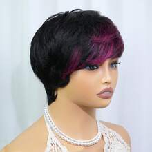 Elastic Net Machine Made Wig Short Pixie Cut Human Hair 6inch 150% Density Brazilian Virgin Straight Layered Hair Ready To Wear For Women Color 1B/99J For Daily Wear - S1B/99J - 查看 6