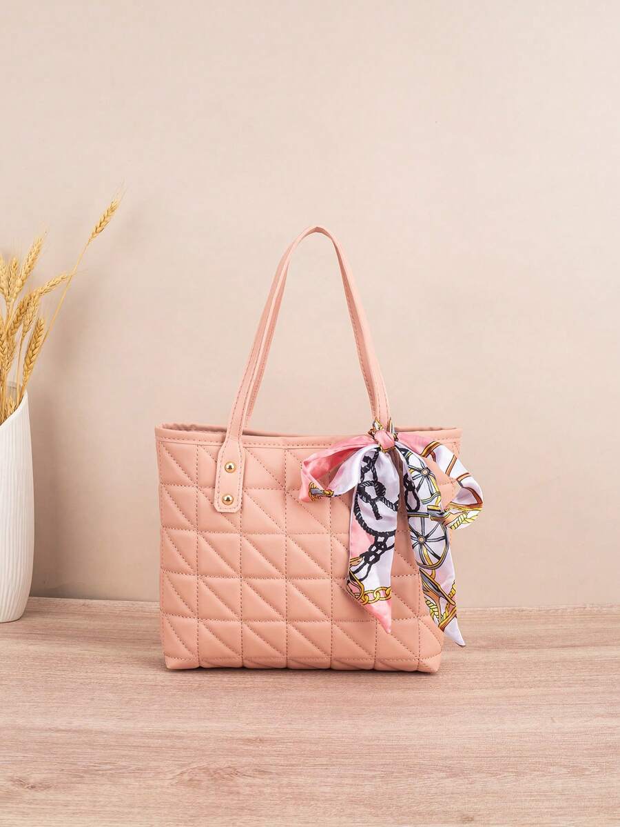 1pc Quilted Diamond Embroidered Large Capacity Lightweight Versatile Commuter Tote Bag With Scarf Decoration - Pink - View 1