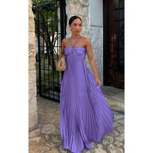 Summer New European And American Pure Color Strapless Pleated Sleeveless Dress - 紫色 - 查看 2