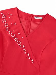 Plus Size Red A Line Tulle Dress V Neck Short Sleeves Irregular Peplum Pearl Trim Mesh Overlay Elegant Summer Wedding Guest Christmas Party Dress - Red - View 7