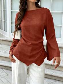 Women's Blue Woven Fabric Boat Neck Long Sleeve Shirt, With Asymmetric Hem And Drop Shoulder Design, Basic Fashion Blouse - Red - View 5