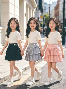 3pcs/Set Girls' Casual Everyday Solid Color Layered Skirt With 3D Bow Decor - Multicolor - View 1