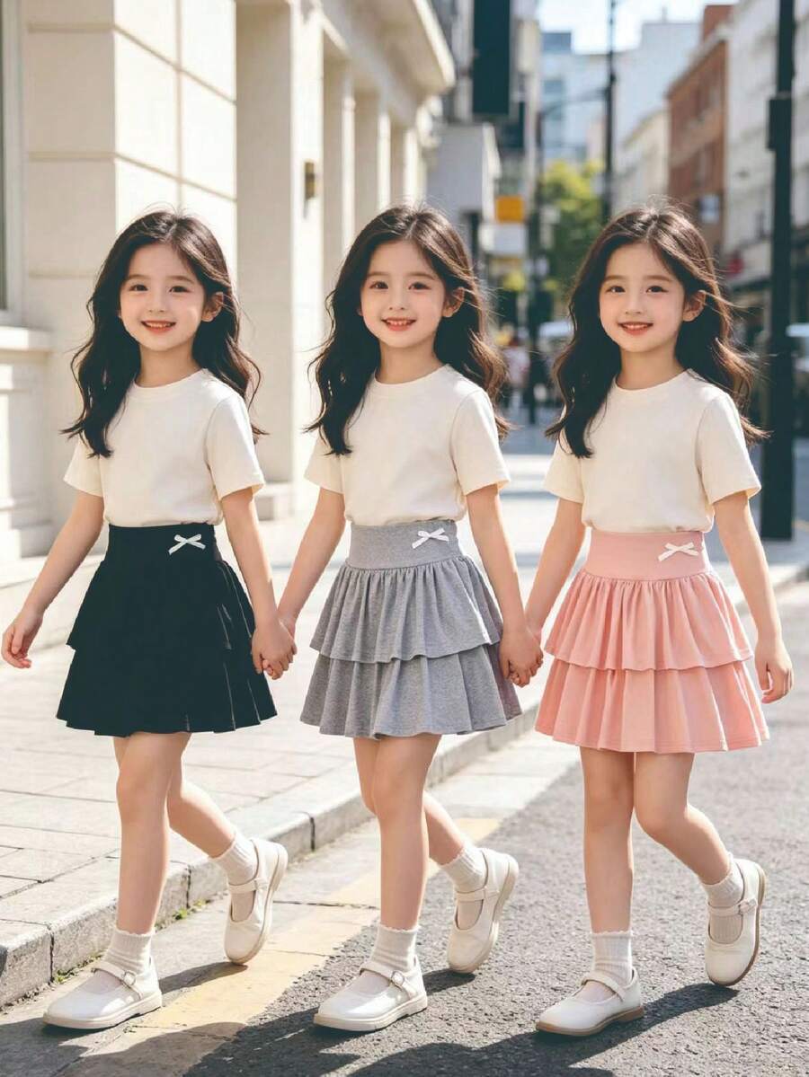 3pcs/Set Girls' Casual Everyday Solid Color Layered Skirt With 3D Bow Decor - Multicolor - View 1