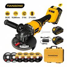 TIANGONG Esmeriladora Angular Inalámbrica Tiangong 21V, 125 mm con Baterías de 4000 mAh y 6 Discos Carcasa de aleación, incluye caja de herramientas - Amarillo - Ver 2