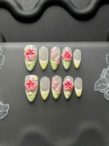 10-Piece Handmade Press-On Nail Art, Almond-Shaped Nails, Y2K Finish, 3D Pink Begonia Flower, Green Gradient V-Shaped French Manicure With Teardrop Design, Reusable. Suitable For Everyday Wear/Holiday Occasions. - Mint Green - View 2