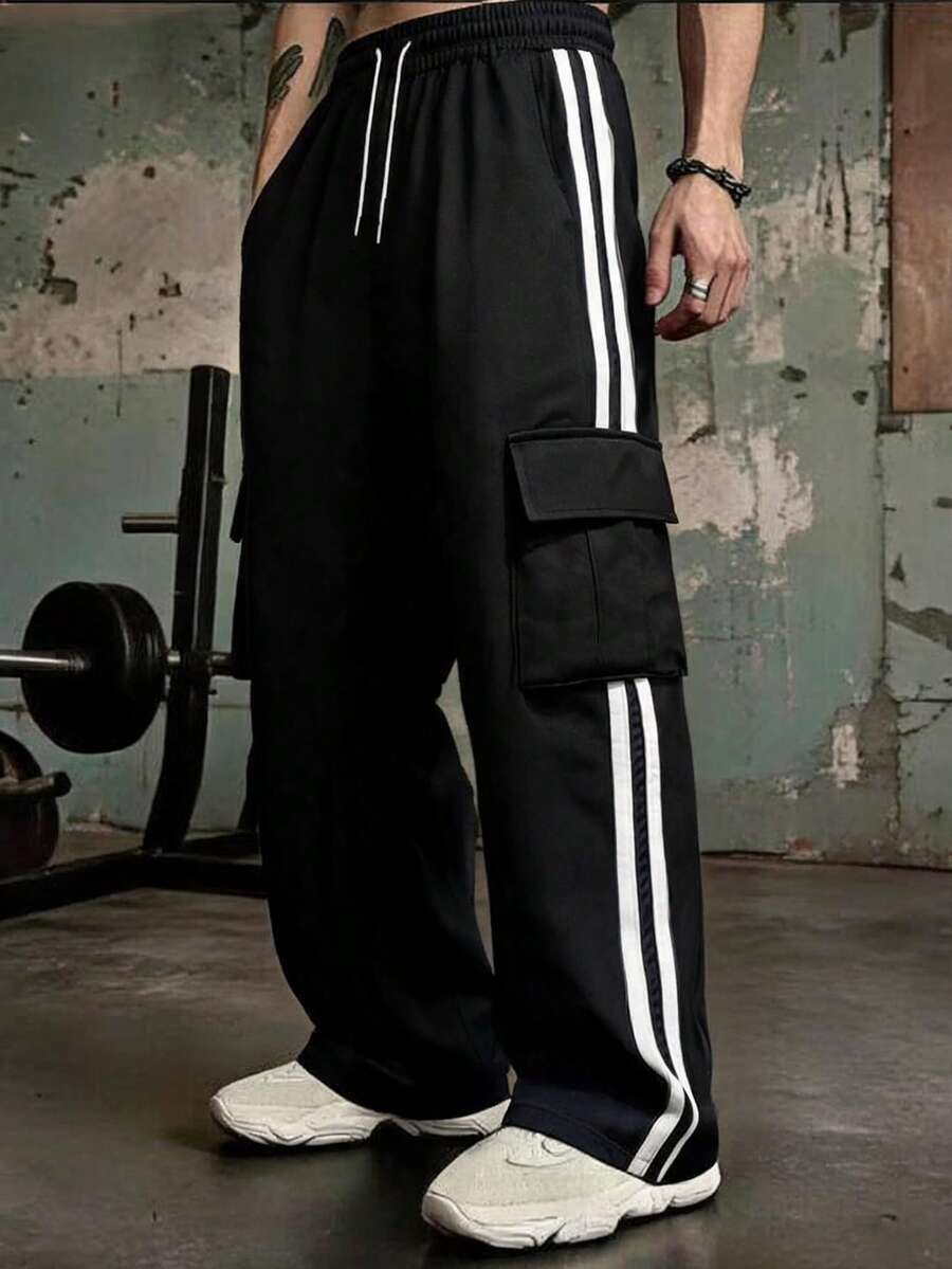 Calça Longa Esportiva Casual de Outono com Múltiplos Bolsos para Homens, Calça de Fitness Minimalista e Fashionável para Uso Externo, Preta - Preto - Visão 1