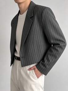 WAIT HIM Men's Casual Short Striped Blazer - Dark Grey - View 3