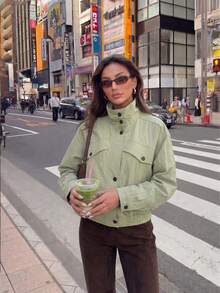 Women's Solid Color Lined Funnel Neck Button Casual Elegant Fashion Commute Street Style Autumn/Winter Jacket - Green - View 2