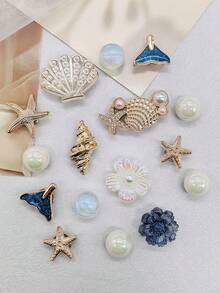 16件組金色海洋貝殼海星樹脂鞋飾 DIY配件 美人魚尾花朵仿珍珠鞋夾裝飾 - 多色16PCS Style No.340 - 查看 12