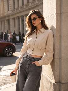 PEONY Damen Herbst elegantes lässiges minimalistisches Pendler einfarbiges Khaki Hemd mit Knopfleiste, geeignet für tägliches Tragen, Büro, Arbeitsweg, Outdoor, Straße, lässiger Urlaub, Schulanfang, Party, Feiertag, Geburtstagsparty - Aprikosenfarben - Übersicht 11