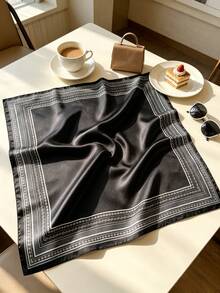 1pc Women's Bohemian Vintage Print 70cm Square Silk Scarf, Can Be Used As Belt, Ribbon, Hair Accessory, Suitable For Daily, Vacation And Date - Black - View 4