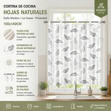 Grey Leaf Print Linen Kitchen Curtain, Nordic Style Short Window Curtain With Tabs For Bathroom Or Hallway, Filters Light And Provides Privacy - White - View 3