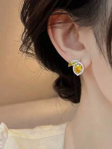 1 Pasang Anting Tusuk Lemon Enamel Kaca Modis Cocok untuk Acara Santai Wanita - Kuning - View 4