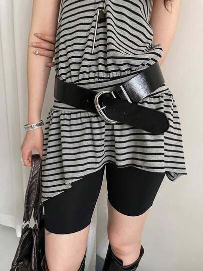 1pc Minimalist Black PU Leather Belt For Women, Classic Silver D Ring Pin Buckle Wide Waist Belt, Versatile Decorative Belt Match Jeans Dresses Daily