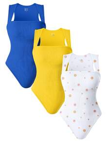 OQQ 3 Piece Bodysuits For Women Sexy Ribbed Strappy Square Neck Stretch Tank Tops Bodysuits - 藍,黃,太陽花白 - 查看 1