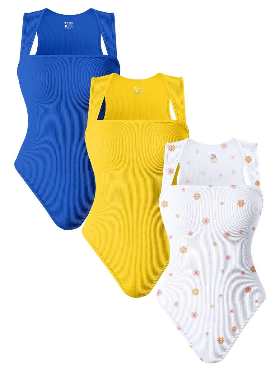 OQQ 3 Piece Bodysuits For Women Sexy Ribbed Strappy Square Neck Stretch Tank Tops Bodysuits - 藍,黃,太陽花白 - 查看 1