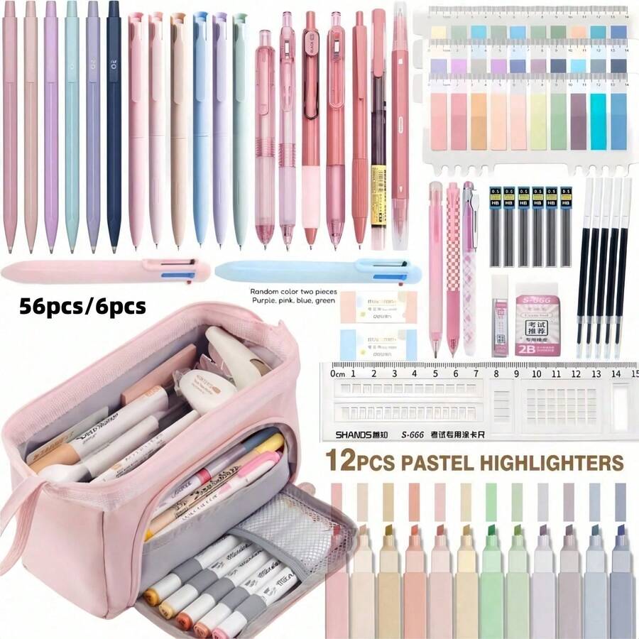 56pcs Luxury Stationery Set, Includes 1 Multi-Function Double-Window Pencil Case, 7 Black Gel Pens, 6 0.5mm Mechanical Pencils, Ruler, Eraser And More, Suitable For Middle School Students Back To School, Office And Study Supplies - Stationery Set - View 1