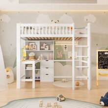 Loft Bed, 90x200 Cm, Multiple Storage Compartments, Ladder - White - View 5