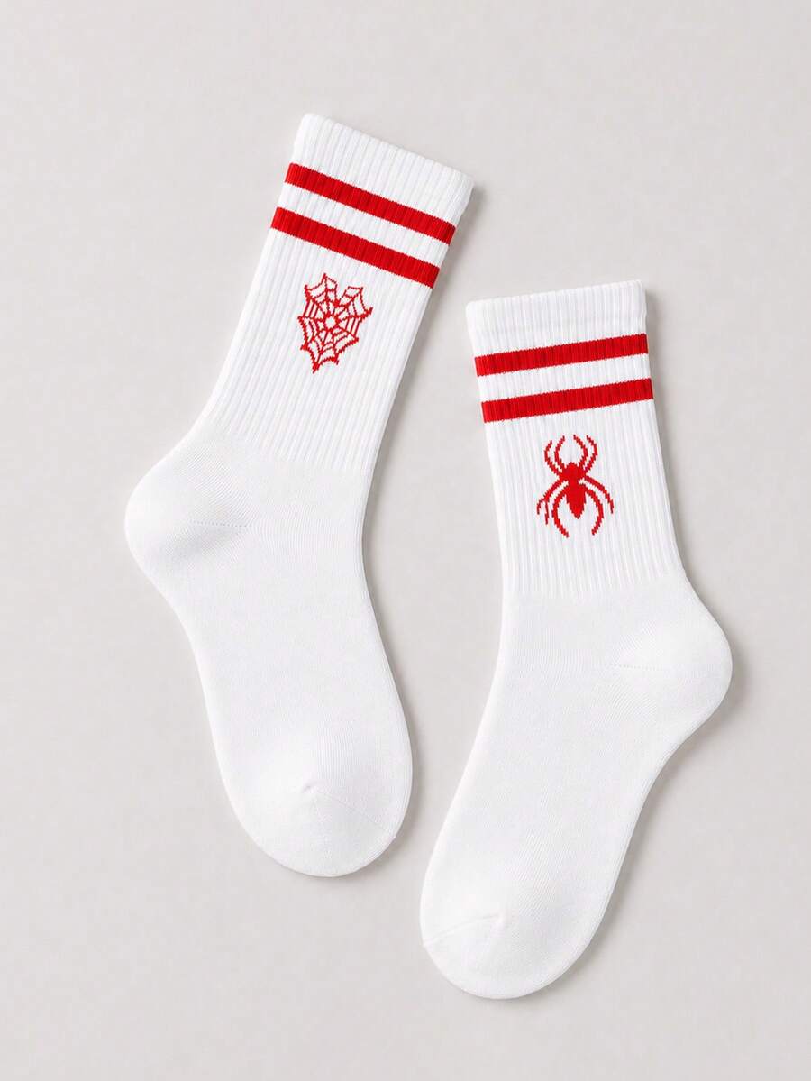 2 Pairs Men's Gothic Style Spider Pattern, Spider Web Pattern, "AB" Style Fun Halloween Fashion Mid-Calf Socks, Outfit, Suitable For Halloween Wear, Suitable For Daily Sports Wear, Suitable For Back To School Season Purchase, Gift For Boys - White - View 1