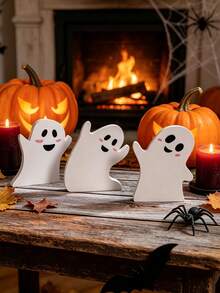 3 Sets Of Halloween Ghost Decorations-Cute Indoor Ghost Decorations,PVC Multi-Layer Tray Decoration Table Cards Set,Halloween Table Decorations For Witches Brooms,Pumpkins,Bats,Suitable For Party,Home Shelves Display,Birthday Gifts,Room Decor - A - View 3