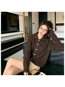 Jaket Kardigan Rajut Longgar Gaya Korea dengan Kancing, Cocok untuk Suasana Musim Dingin, Pemakaian Sehari-hari, di Rumah dan Bepergian, Musim Gugur/Dingin - Coffee Brown - View 2