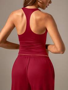 NcmRyu Setelan Olahraga Wanita 1 Set: Atasan Tank Top Camisole dengan Tali Serut dan Saku, Celana Panjang Lebar - Merah - View 4