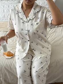 Women's Cute & Stylish Printed Soft Plus Size Pajama Set, Short Sleeve Button Collar Short Top & Long Pants, Soft Skin-Friendly Loungewear, Loose Slimming Fit, Machine Washable Easy Care, Simple Versatile Style For Home & Casual Wear, Suitable For Daily Outings - Multicolor - View 7