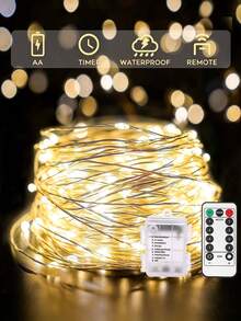 10m/20m 100/200 LED 灯串，暖白色，带 8 功能遥控器，防水闪烁 LED 灯，适用于卧室、宿舍、后院、婚礼、树木、墙壁、装饰 - 金色 - 查看 2