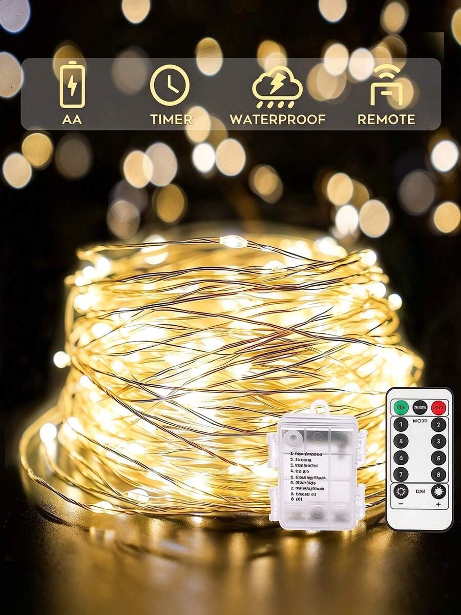 10m/20m 100/200 LED 灯串，暖白色，带 8 功能遥控器，防水闪烁 LED 灯，适用于卧室、宿舍、后院、婚礼、树木、墙壁、装饰