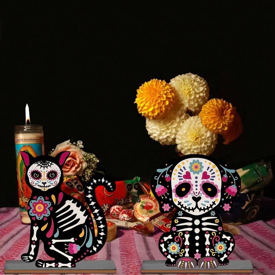 2pcs Day Of The Dead Altar Candy Skull Altar Table Decor, Wooden Day Of The Dead Dog And Cat, Mexican Halloween Indoor Desktop Decoration, Suitable For Home Use - View 1