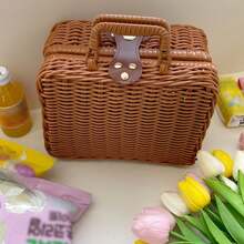 Woven Picnic Basket Handbag, Woven Storage Box With Handle, Wicker Lunch Box With Shoulder Strap And Metal Lock, Vintage Handbag Prop Box, Suitable For Travel, Camping, Picnic, Outdoor, Small - Brown - View 3