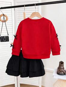 Young Girl Cartoon Print Crew Neck Long Sleeve Sweatshirt And Skirt Set - Red - View 2