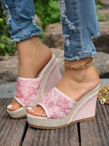 Women's Summer New Slip-On Wedge Platform Sandals, Thick Sole Mesh Floral Fabric, Lightweight Non-Slip High Heel Slouchy Slides - Pink - View 5
