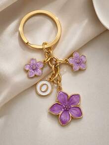 1pc Purple Floral Metal Keychain With Oil Drip Effect, Cute 5-Petal Flower Bag Charm, Student Back To School Gift, Car Accessory Pendant, Key Chain For Teachers, Moms, Friends Birthday Gift, Floral Jewelry, Back To School Gift, Halloween Gift - Purple - View 5