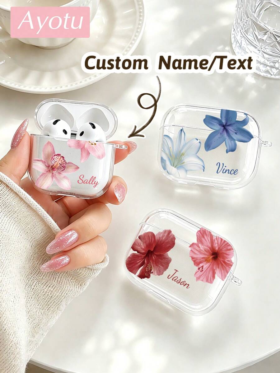 Ayotu Ins Gentle Floral Customized Name Earphone Case, Customized Name Transparent Soft TPU Wireless Earphone Protective Cover Compatible With AirPods 3/4/Pro/Pro2/Pro3, Transparent Design, Snug Fit, Lightweight And Portable, Ideal Gift For Sisters, Best Friends, Classmates, Colleagues, Mothers - Multicolor - View 1